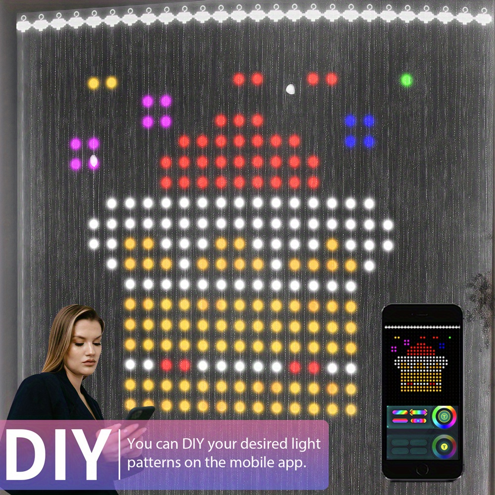 Intelligent Curtain Light - APP Control, Simple Installation, Multiple Patterns To Choose From, And Can Also DIY Patterns, Letters, Numbers, Music Rhythm, Suitable For Indoor And Outdoor Intelligent Lighting Decoration