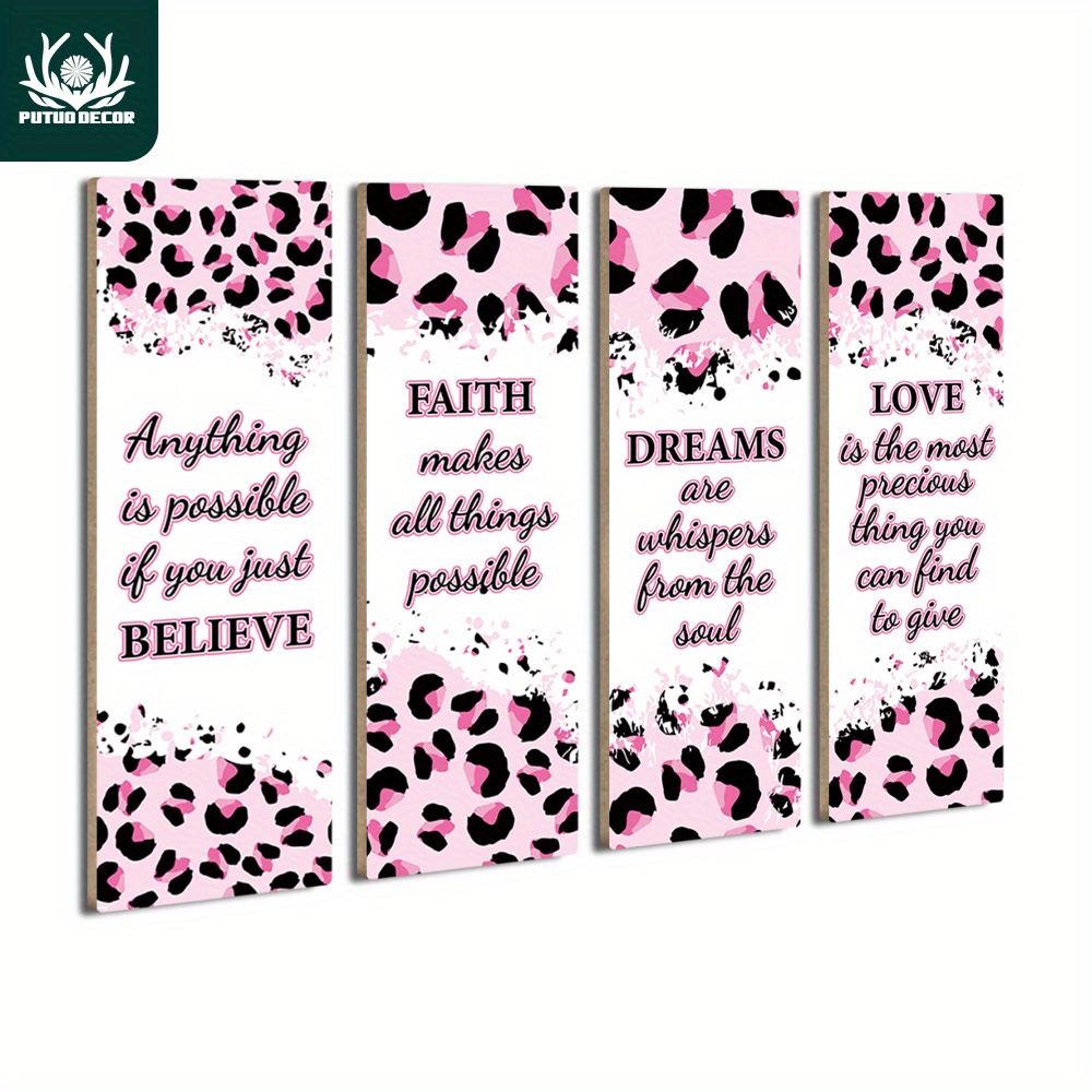 

4pcs Inspirational Quotes Wooden Sign, Believe Faith Dreams Love, Pink Leopard Print Wall Art Decor For Home Cafe Coffee Shop Living Room Bedroom, 11.8x 3.9 Inches Gifts