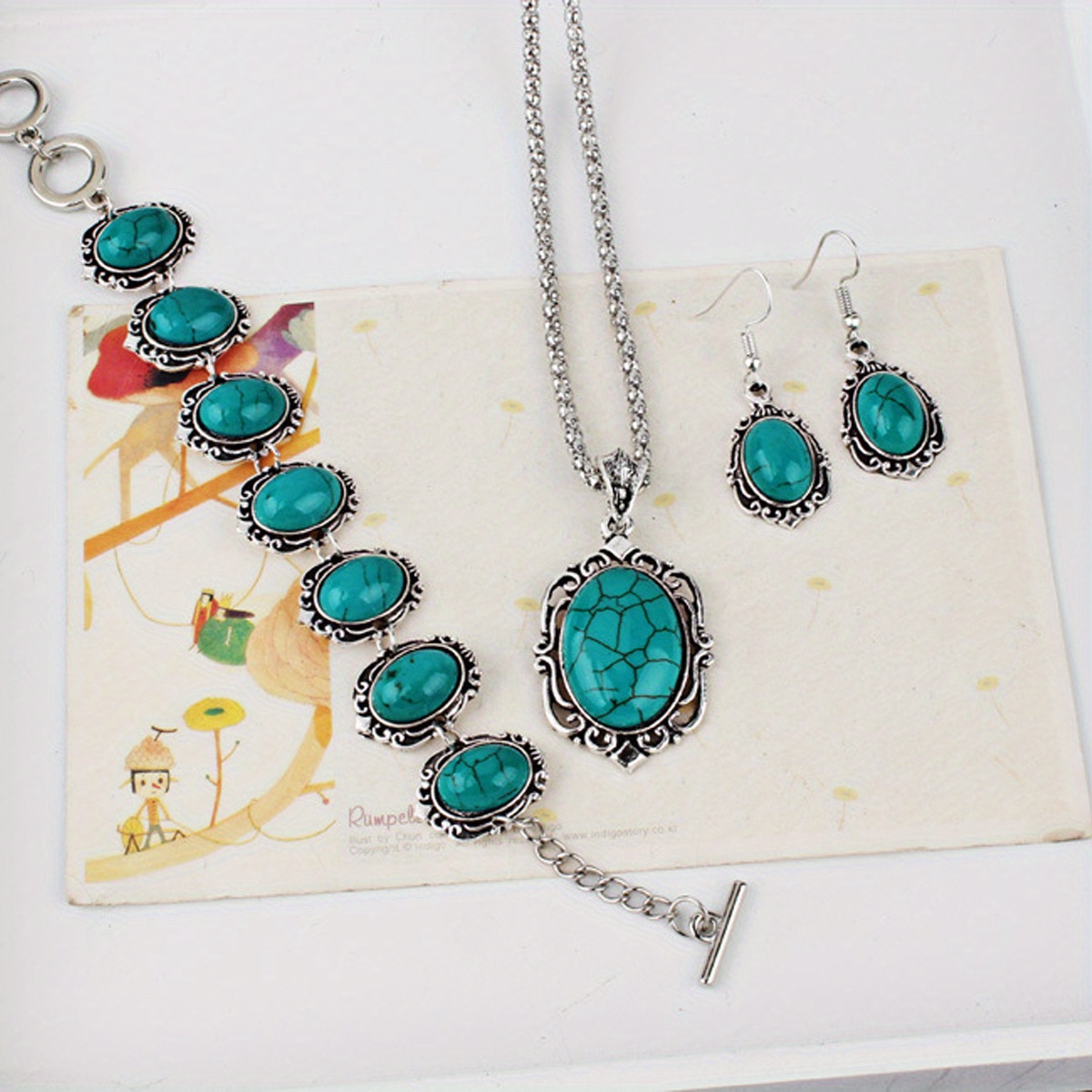 1 necklace 1 bracelet 1 pair of earrings boho style jewelry set inlaid turquoise retro   match daily outfits party decor details 1