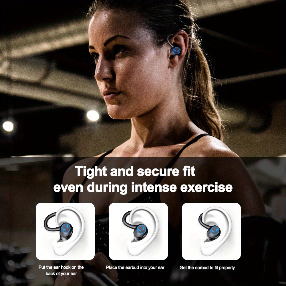 Fones de ouvido sem fio TWS, fone de ouvido esportivo à prova d'água com gancho de orelha, fones de ouvido estéreo intra-auriculares, fones de ouvido com controle de toque e estojo de carregamento_voghion.com