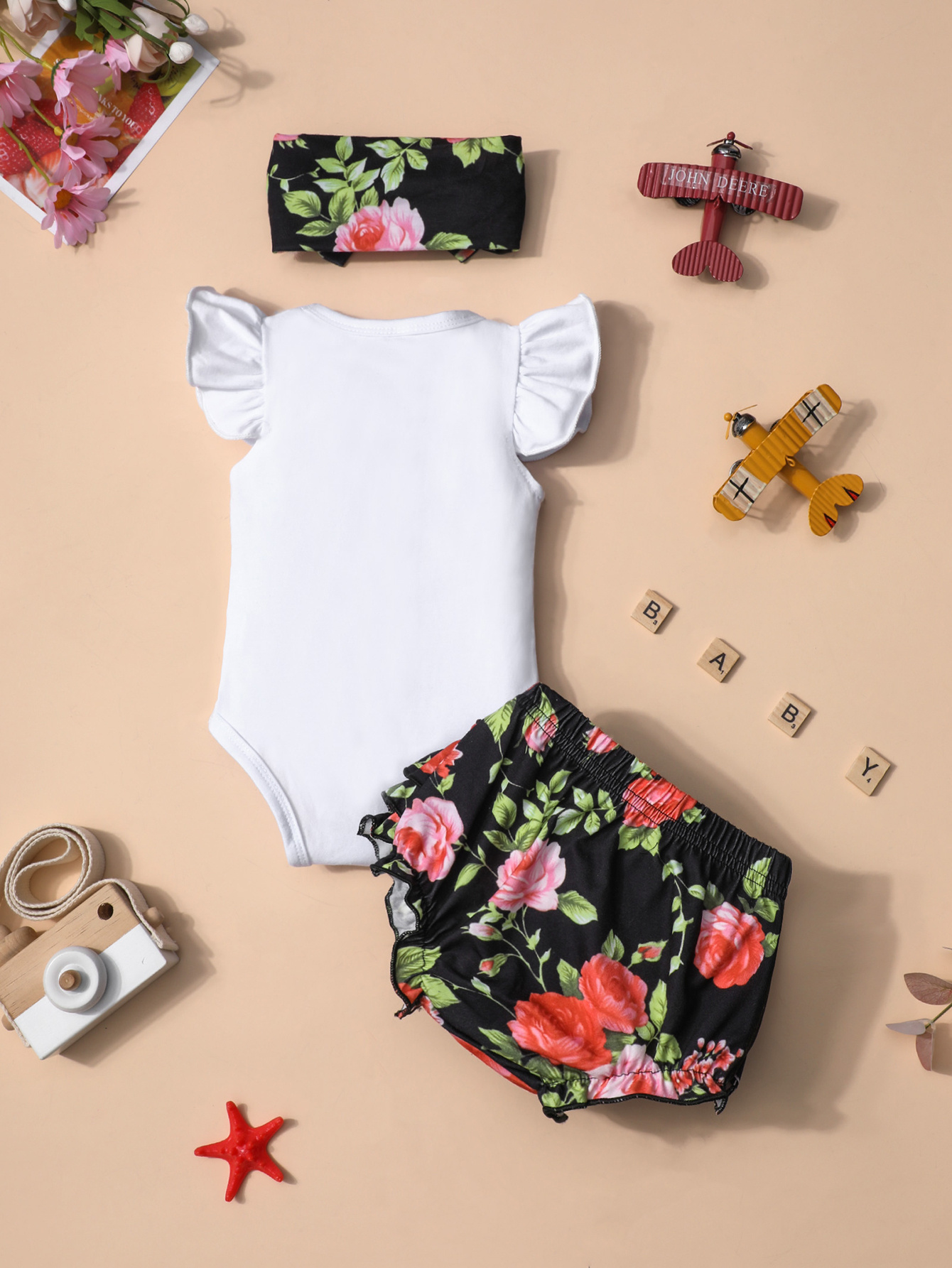Baby Girl 95% Cotton Ruffle Short-sleeve Letter Print Romper