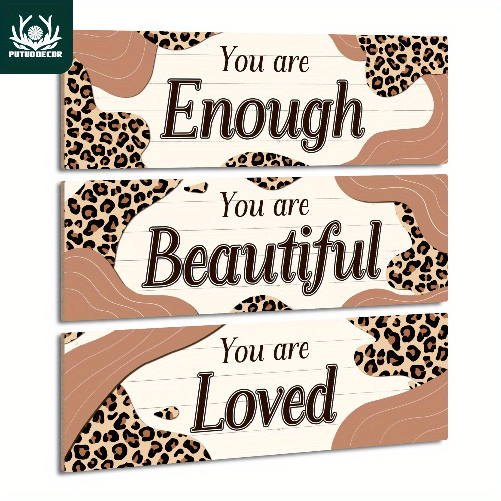 

3pc Inspirational Quotes Wooden Sign, You Are Enough You Are Beautiful You Are Loved, Leopard Print Wall Art Decor For Home Cafe Coffee Shop Living Room Bedroom, 11.8x 3.9 Inches Gifts