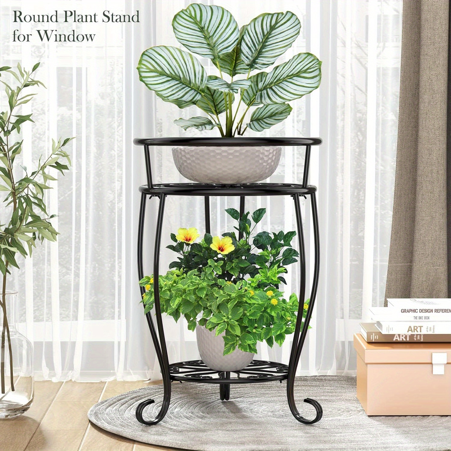 Supporto Per Piante In Metallo Nero 2 Ripiani 68,8 Cm - Antiruggine Per Interni/Esterni - 3