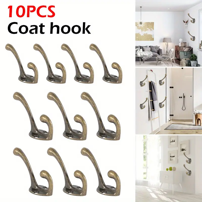 10pcs Heavy Duty Dual Coat Hooks, Wall Mounted Coat Rack, Bronze Vintage  Clothes Hanger With 20 Screws For Door Coat Hooks, Bathroom Kitchen Heavy