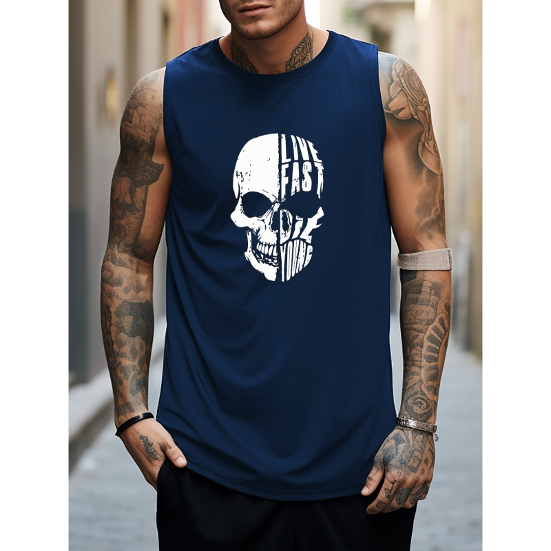 

Angry Skull Print Sleeveless Tank Top, Men's Active Undershirts For Workout At The Gym