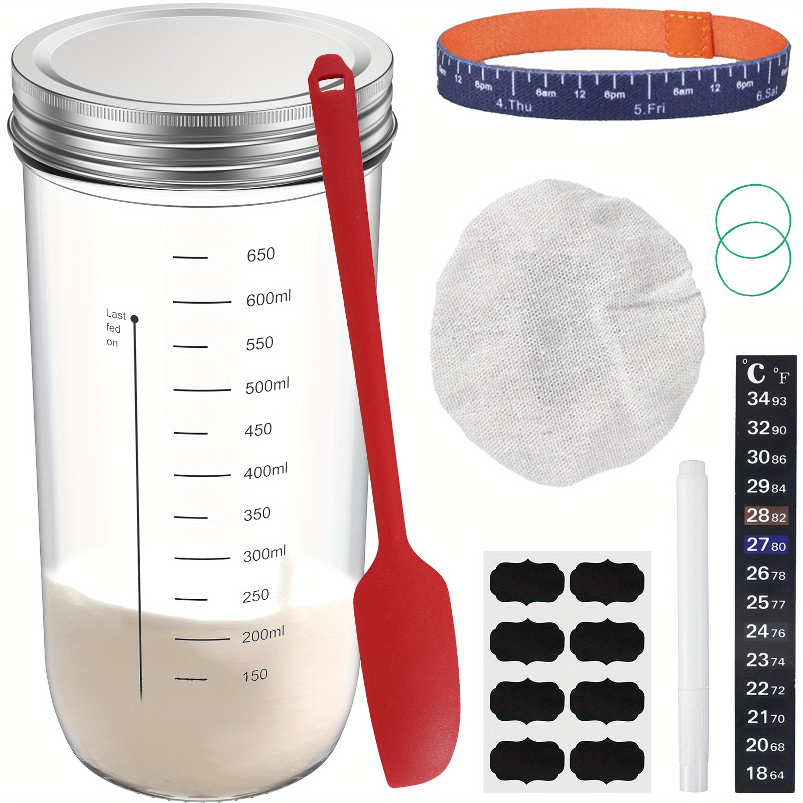 8 Pcs Sourdough Starter Jar Kit 730ml Container with Thermometer Label  Spatula Brush Marker Band for Storing Canned Food Caviar