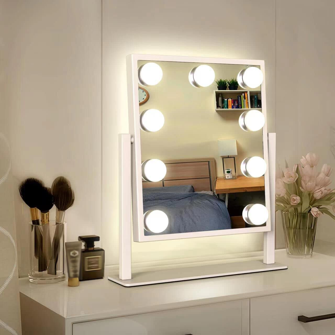  NEUWEABY Espejo de tocador con luces, espejo de maquillaje  Hollywood con luz, espejo iluminado de maquillaje de mesa con 9 bombillas  LED, control táctil inteligente, 3 modos de color : Belleza
