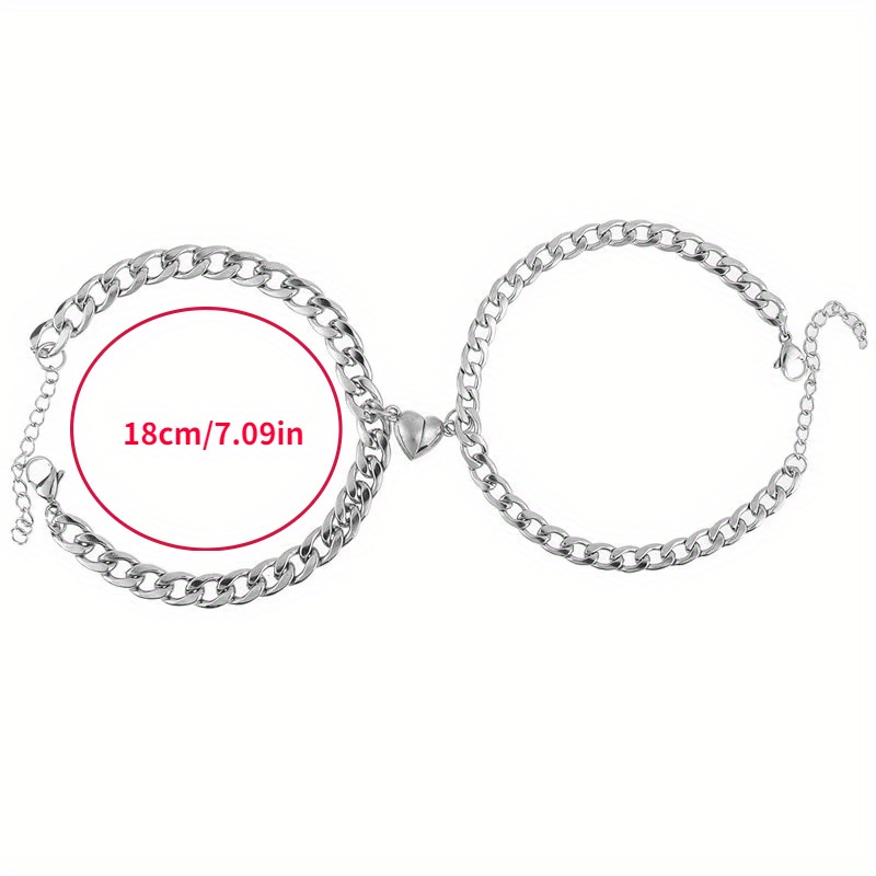 2Pcs/Set Heart Shaped Magnet Attraction Bracelet for Couples Stainless  Steel Cuba Chain Men's and Women's Charm Jewelry Gifts