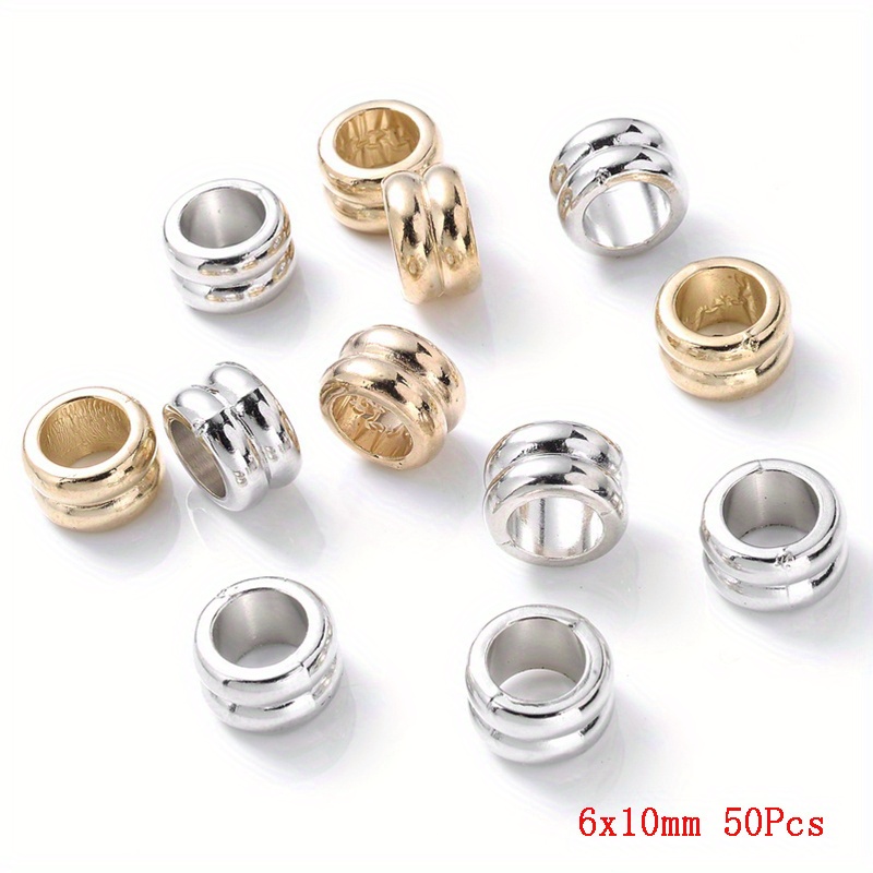 Image of 50pcs 6x10mm Plastic Ccb Beads Rose Golden Silvery Cylindrical Large Hole Loose Spacer Beads For Jewelry Making Diy Necklace Bracelet Earring Accessories