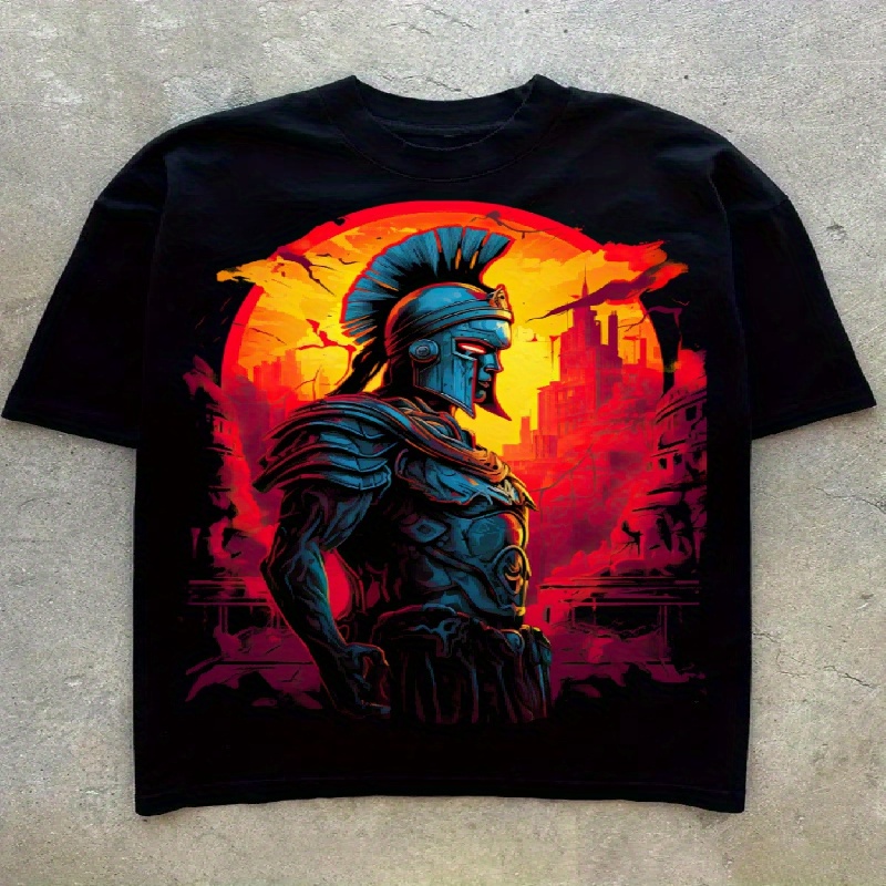 

Muscular Spartan Warriors Print, Men's Short Sleeve Crew Neck T-shirts, Slim Fit Shirt For Exercise