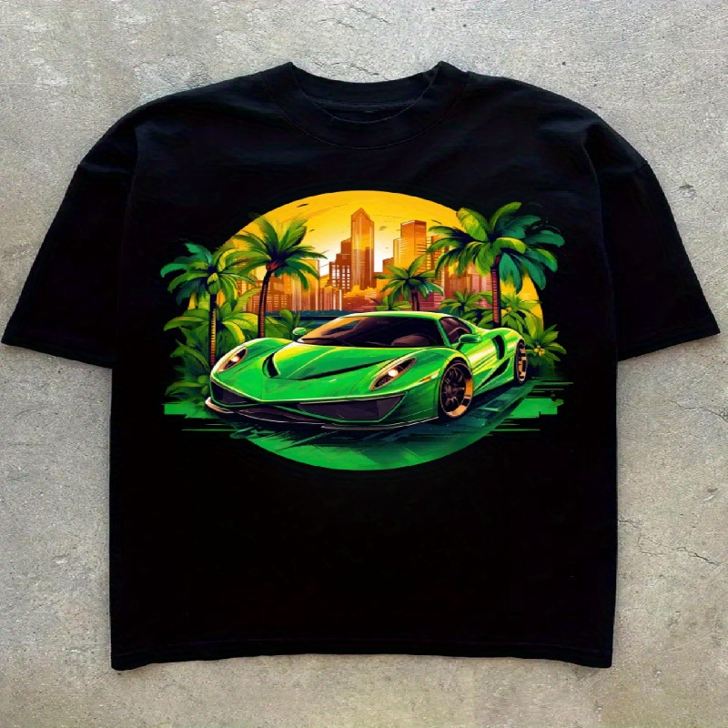 

Green Sports Car With Palm Trees And Sunset Print, Men's Niche Crew Neck Tees, Casual Comfy T-shirts For Men, Clothing Tops For Summer