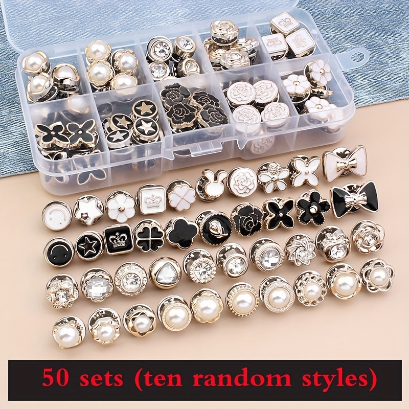 

50pcs/box Fashion Pearl And Assorted Designs Anti-glare Brooches, Decorative Dress Neckline Pins, Removable & Reusable Clothes Fixed Buckles For Women And Girls, Seam-free Plastic Material