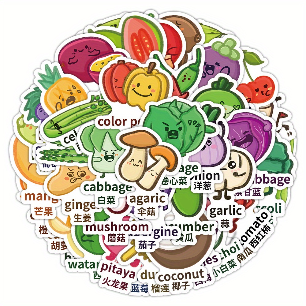 

56pcs/set, Waterproof Cartoon Vegetable&fruit Stickers In English&chinese | A New Way To Learn Chinese/english. Funny Stickers For Home/baggage/luggage/computer/laptop/refrigerator/phone/devices Decor