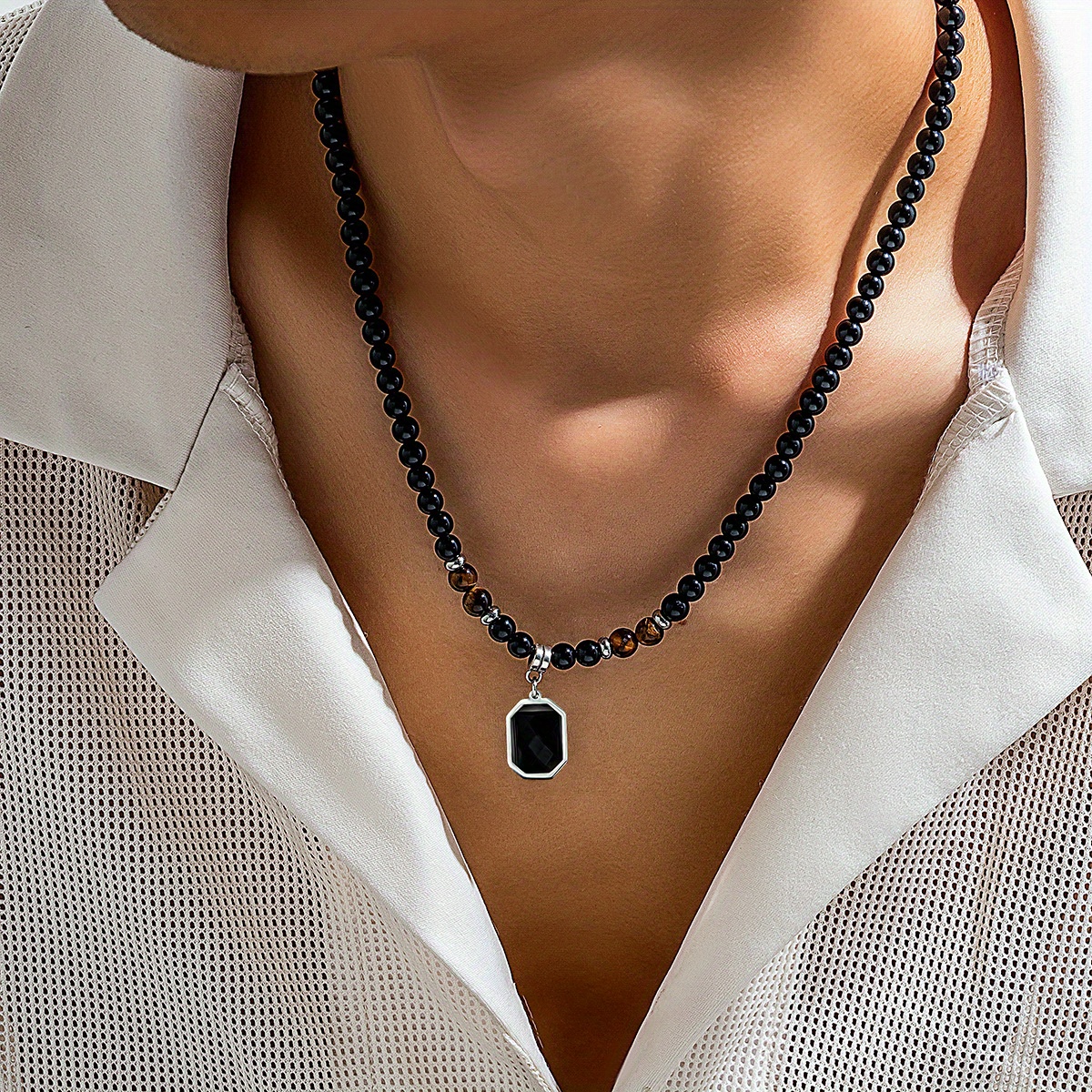 

1pc Hip Hop Stainless Steel Geometric Pendant Necklace, Black Acrylic Stone Beads Choker Jewelry For Men