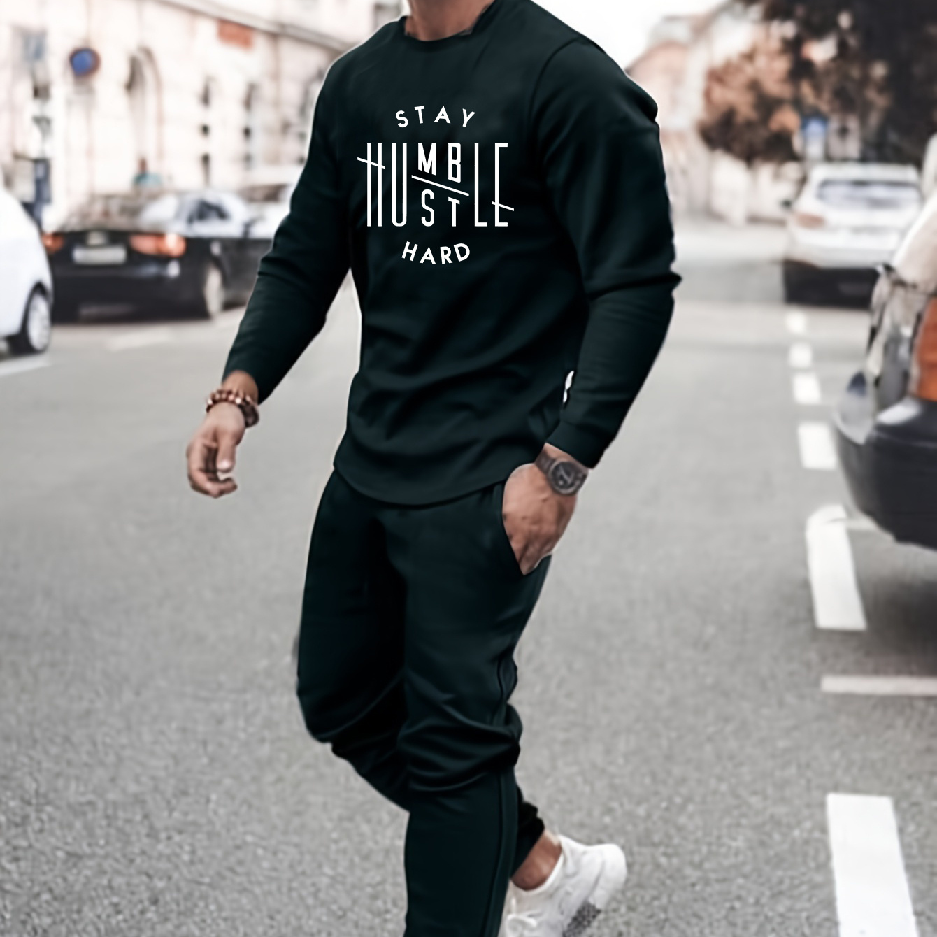 

Plus Size Men's "stay Humble" Print Sweatshirt & Sweatpants Set For Fall Winter, 2pcs Outfits, Men's Clothing