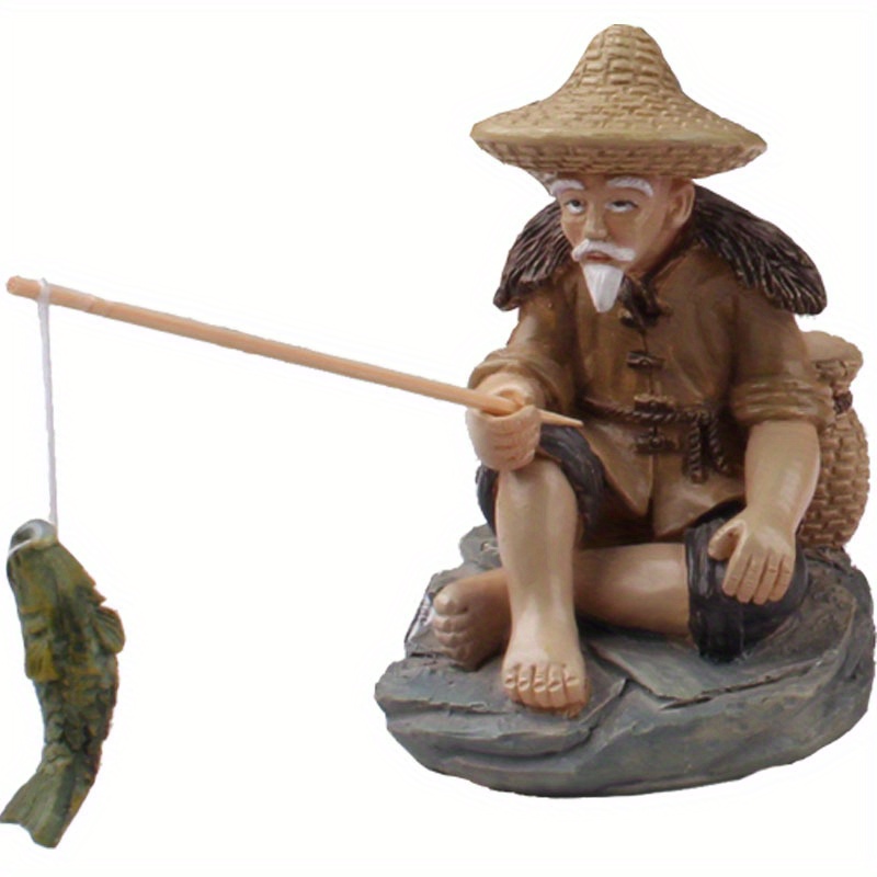 1pc Aquarium Decoration Old Man Fisherman Statue Fishing Man Small