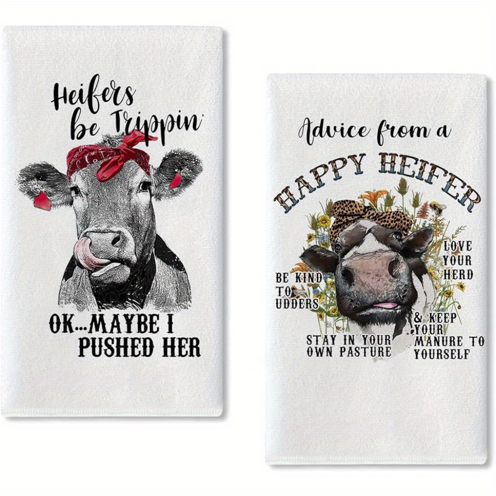 

2pcs, Hand Towels, Funny Cows Printed Kitchen Dish Towel Set, Farmhouse Rustic Style Animal Series Scouring Pad, Ultra Absorbent Hand Drying Baking Cooking Cloth, Cleaning Stuff