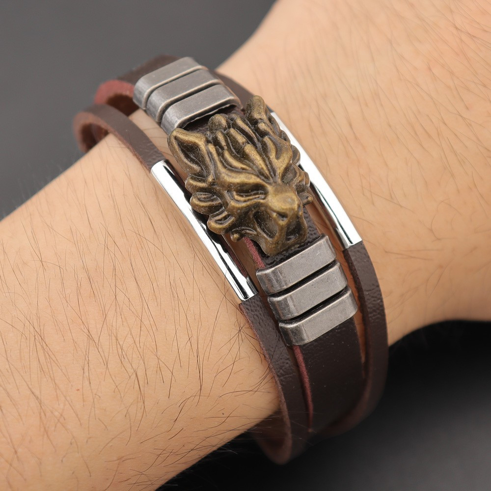 Brown Leather Wolf Bracelet