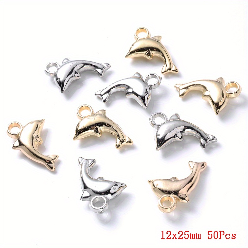Image of 50pcs 12x25mm Plastic Ccb Material Pendant Golden Silvery Animal Dolphin Pendant For Jewelry Making Diy Necklace Bracelet Earring Accessories