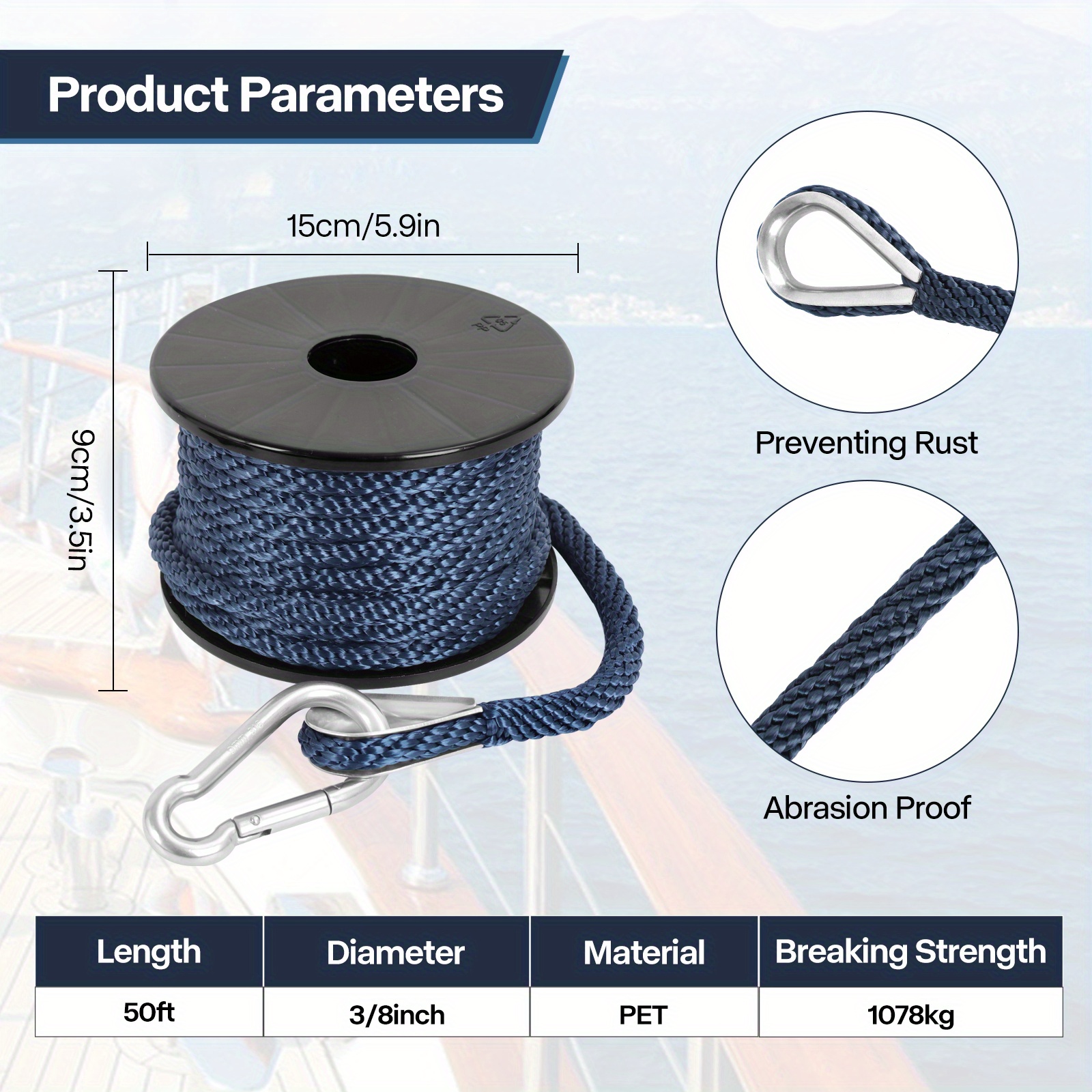 2in 50ft Double Braided Nylon Boat Anchor Rope Dock Rope