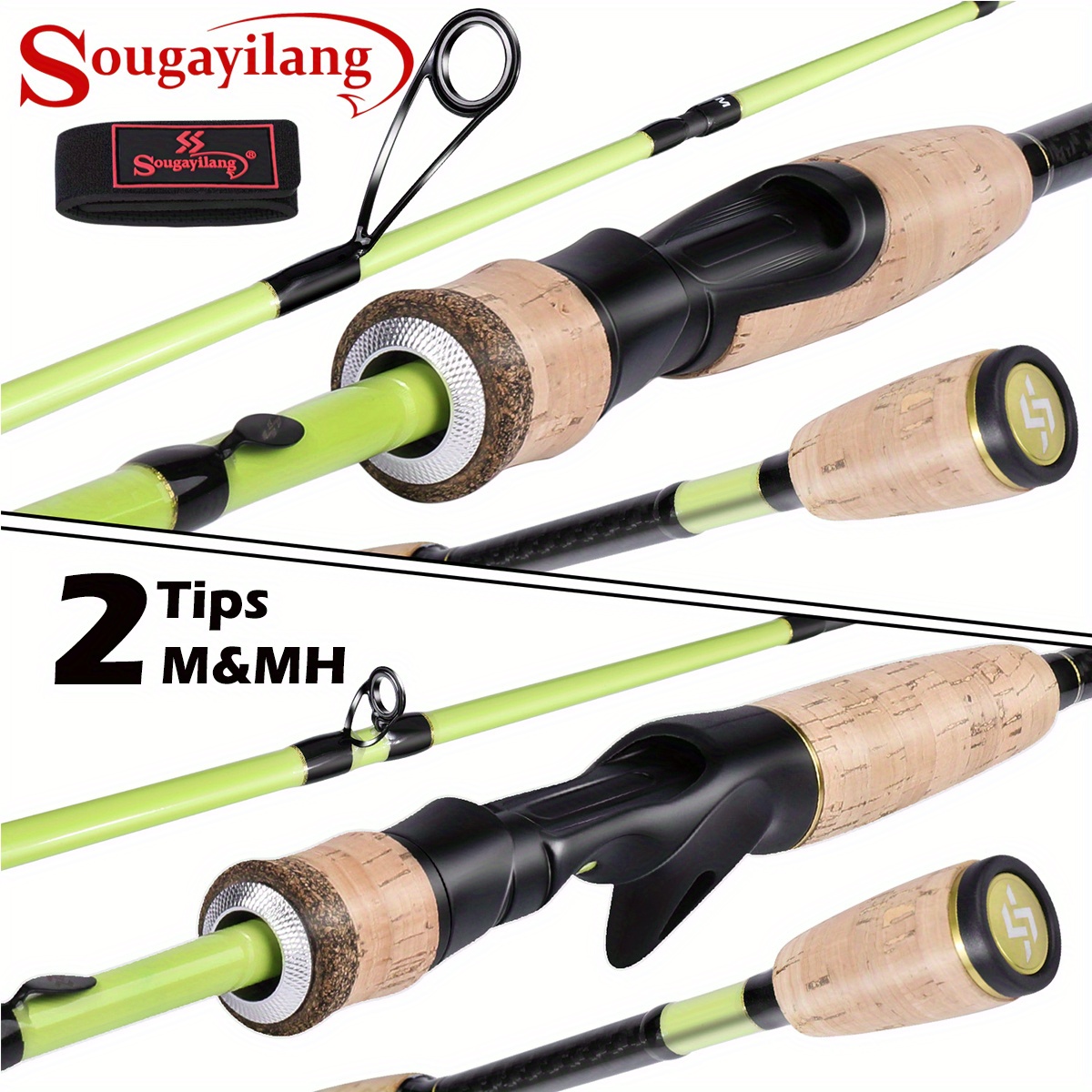 Sougayilang Fishing Rod, 2PC Fishing Pole with Cork Rod Handle-Yellow-1.65M