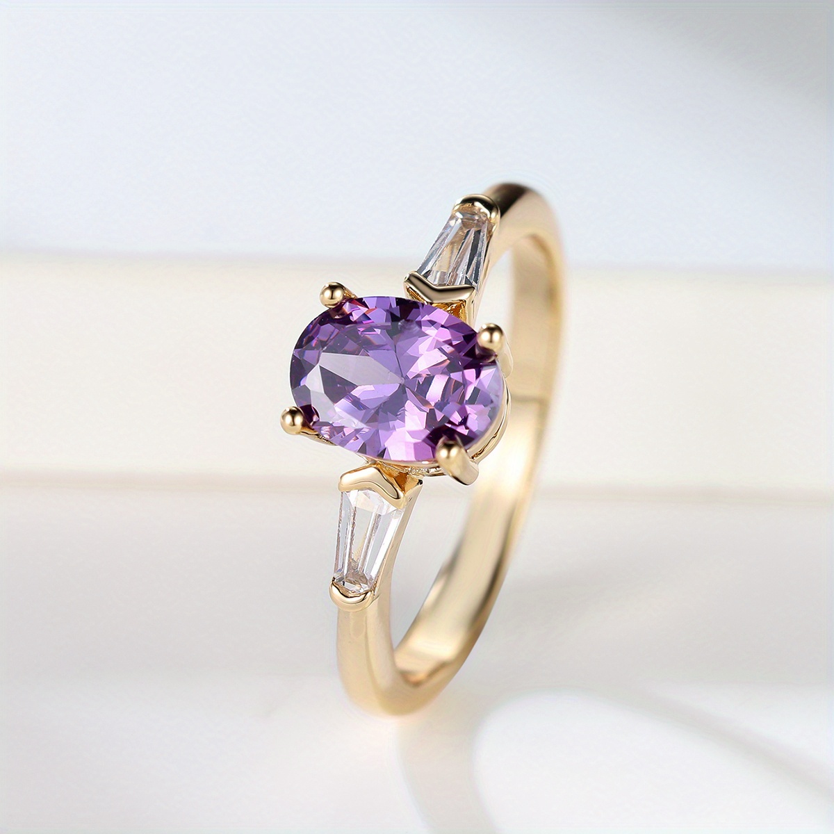 TEMU 1pc Golden Color Oval Cut Purple Stone Cz Claw Ring For Men, For Teenager