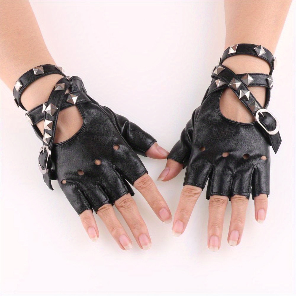 

Unisex Fingerless Driving Pu Leather Gloves Motor Cool Rivet Sexy Disco Dancing Rock And Roll Black Red White Punk Glove