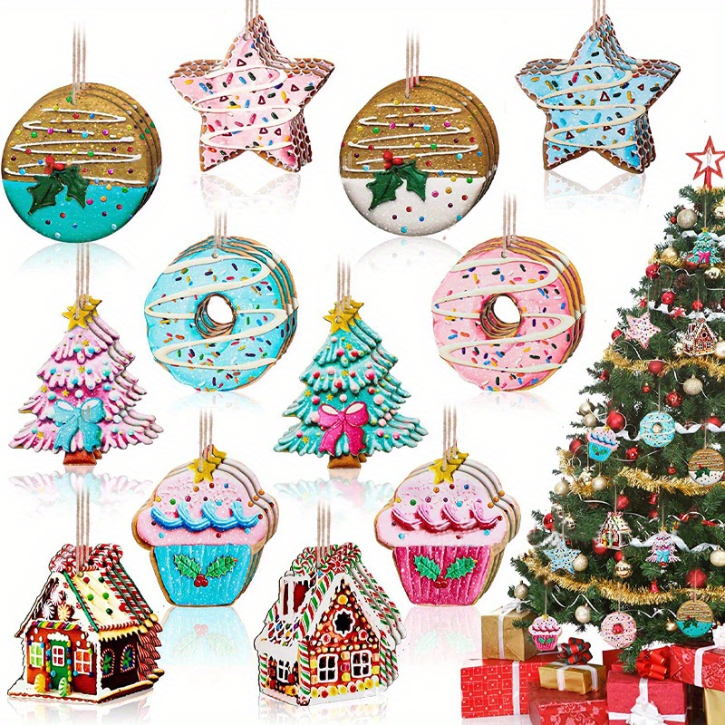 

24pcs Donut Wooden Decorations Holiday Decorations Gift Decorations Christmas Tree Fireplace Window Pendants Holiday Party Supplies