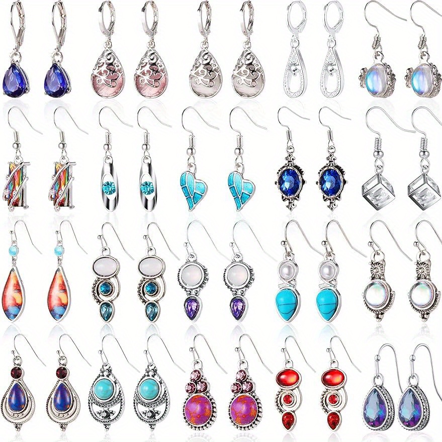 

20 Pairs/ Set Colorful Natural Crystal Inlaid Dangle Earrings Bohemian Elegant Style Delicate Holiday Ear Ornaments