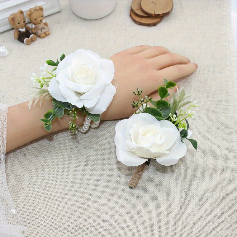  Floroom Ivory Rose Wrist Corsage Wristlet Band Bracelet and Men  Boutonniere Set for White Wedding Flower Accessories Prom Suit Decorations  : Home & Kitchen