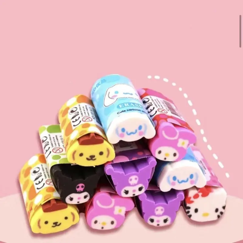 6 Pcs/Set * Hello Kitty Cinnamoroll Kuromi Melody Pom Pom Purin 3D Dolls Cute Cartoon Eraser Set, Diy Stationery Girls Eraser Gifts