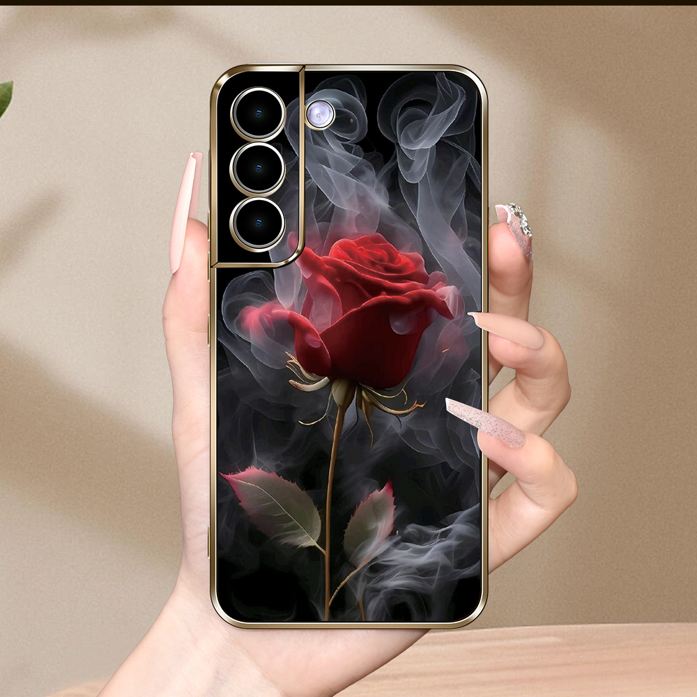 

Creative Red Rose Print High-end Electroplating New Phone Case For Samsung S23ultra/s23/a24/a34/a54/a12/a52/a23/a51/a32/a33/a13/s21/s22/s21fe/s20fe/a52/s10+/s22ultra Anti-fall Phone Case