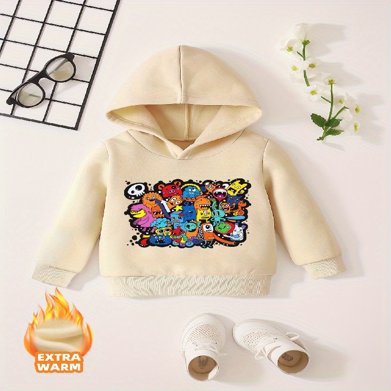 

Cartoon Monster Doodle Print Kid's Boys Fleece Hoodies, Long Sleeve Sweatshirt Top, Trendy Style, Boys Clothes For Spring Fall Winter