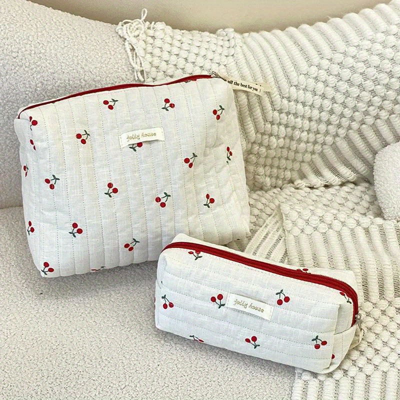 

1pc Cherry Quilted Cotton Storage Bag, Travel Portable Makeup Storage Bag, Retro Cosmetic Bags, Cute Design Pencil Case, Multi-functional Storage Organizer