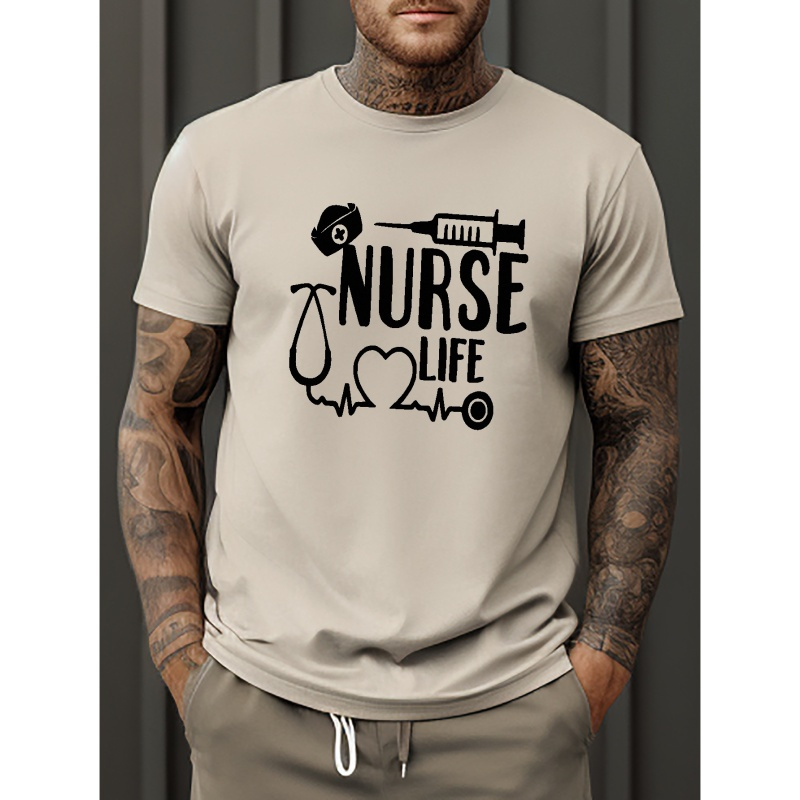 

Nurse Life - Creative Alphabet And Graphic Print Men's Casual Round Neck Short T-sleeves, Casual And Comfy Summer T-shirt For Daily Wear And Vacation Resorts