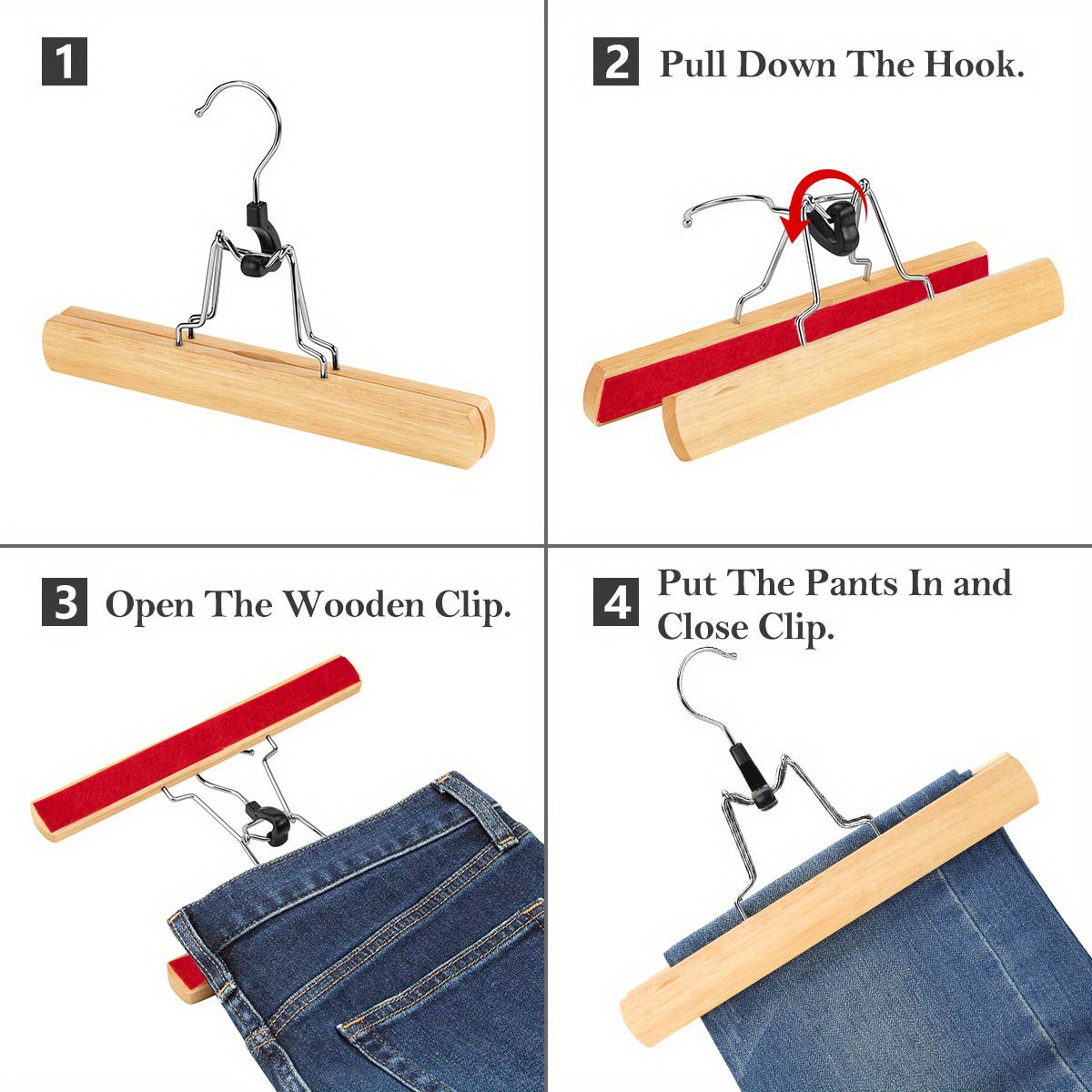 Wooden Hangers with Clips Smooth Solid Wood Pants Hangers with