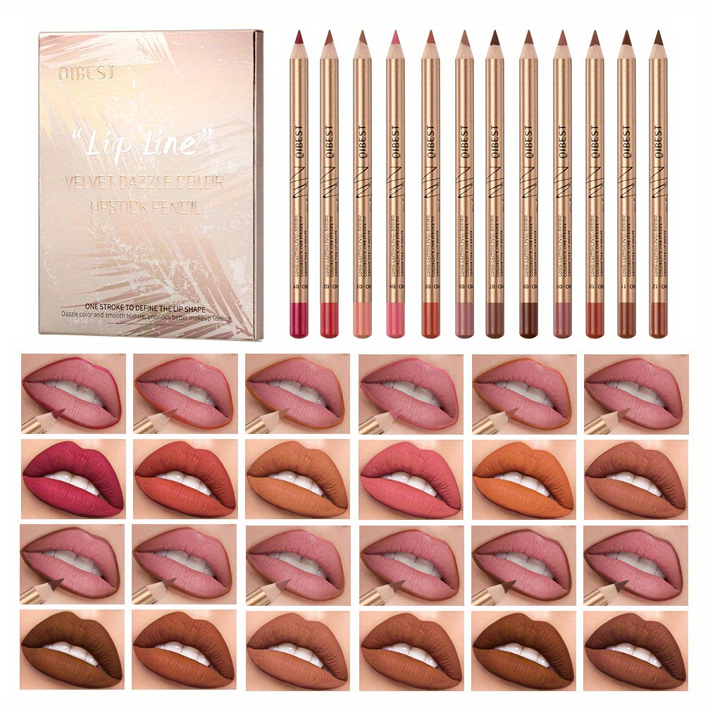 

12 Colors Matte Lip Liner Set Highlights The Color Is Not Easy To Smudge Lasting Non-stick Cup Gold Tube Waterproof Matte Lip Liner Women's Makeup With Plant Squalane With Plant Squalane