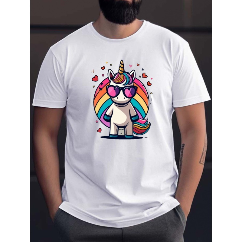 

Cartoon Unicorn Pattern Men's T-shirt For Summer Outdoor, Chic Male Clothing, Gift For Men