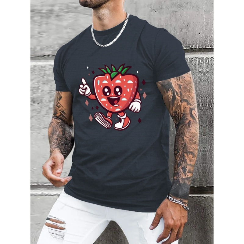 

Strawberry Mascot Print T Shirt, Tees For Men, Casual Short Sleeve T-shirt For Summer
