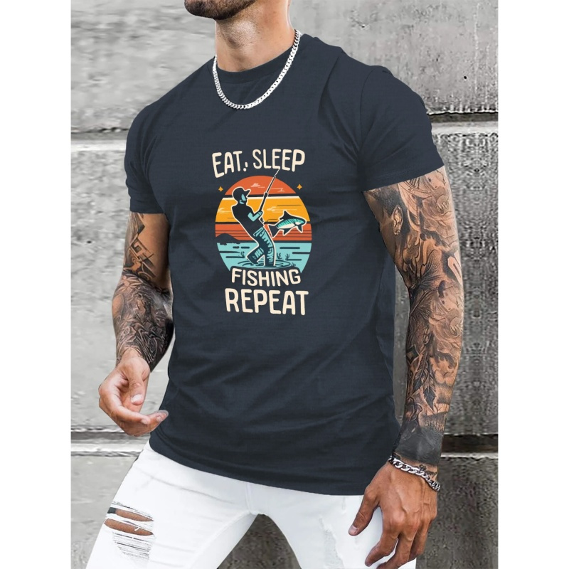 

Eat, Sleep, Fishing, Repeat Print T Shirt, Tees For Men, Casual Short Sleeve T-shirt For Summer