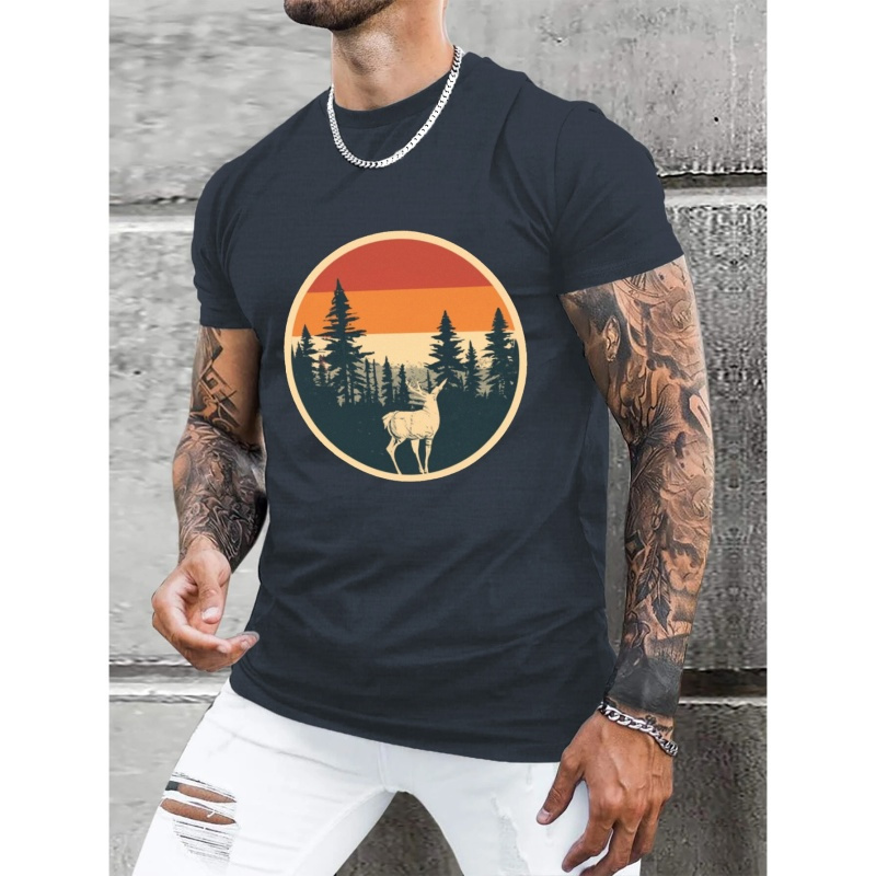 

Retro Forest And Deer Print Men's T-shirt For Summer Outdoor, Casual Male Clothing, Gift For Men