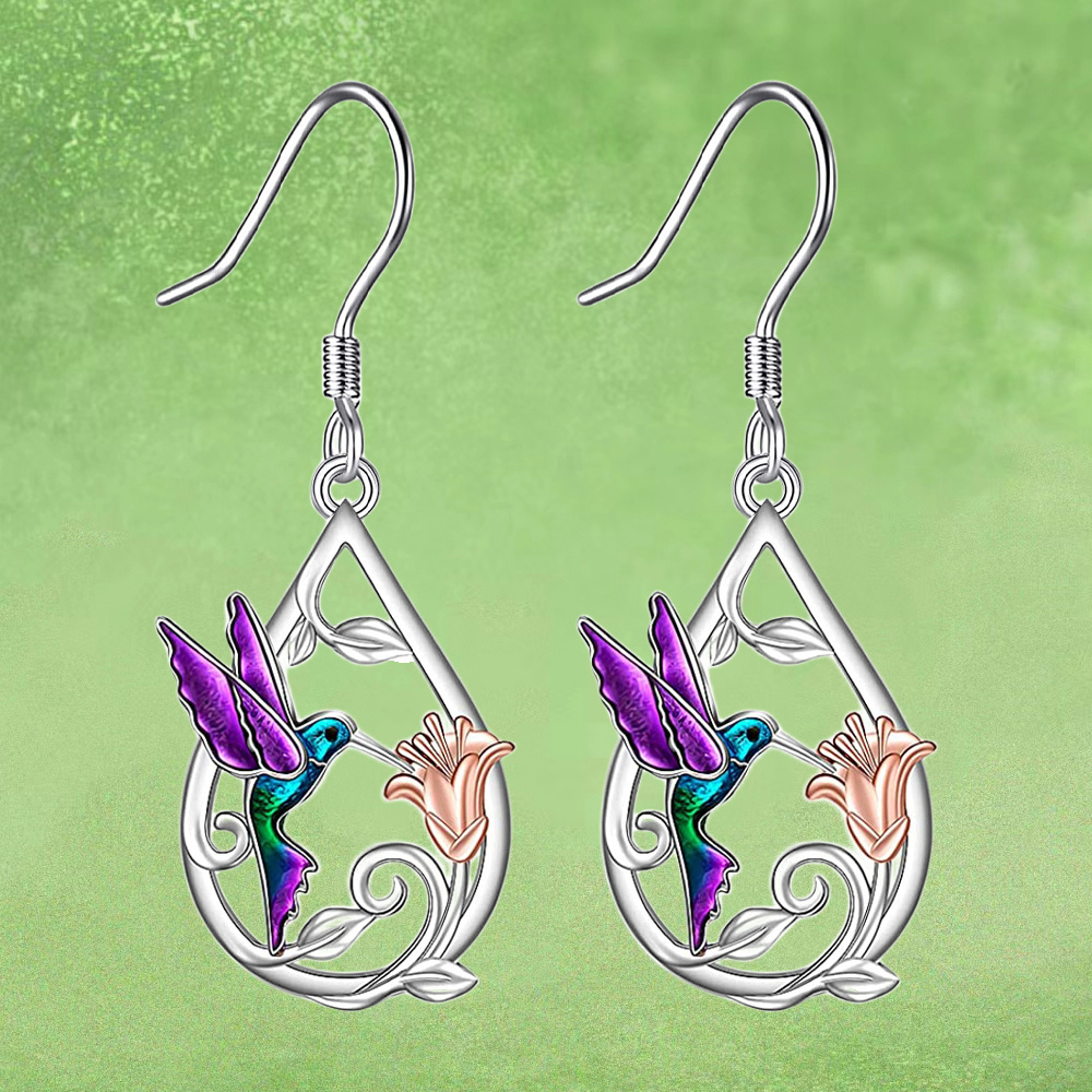 Boucles d'oreilles femme pendantes avec oiseau colibri rouge et doré