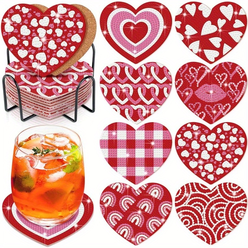 8pcs Heart Diamond Painting Coasters Kit Valentine's Day Diamond Art  Coasters With Holder Cork Base DIY Cup Diamond Painting Kit For Adults  Beginners