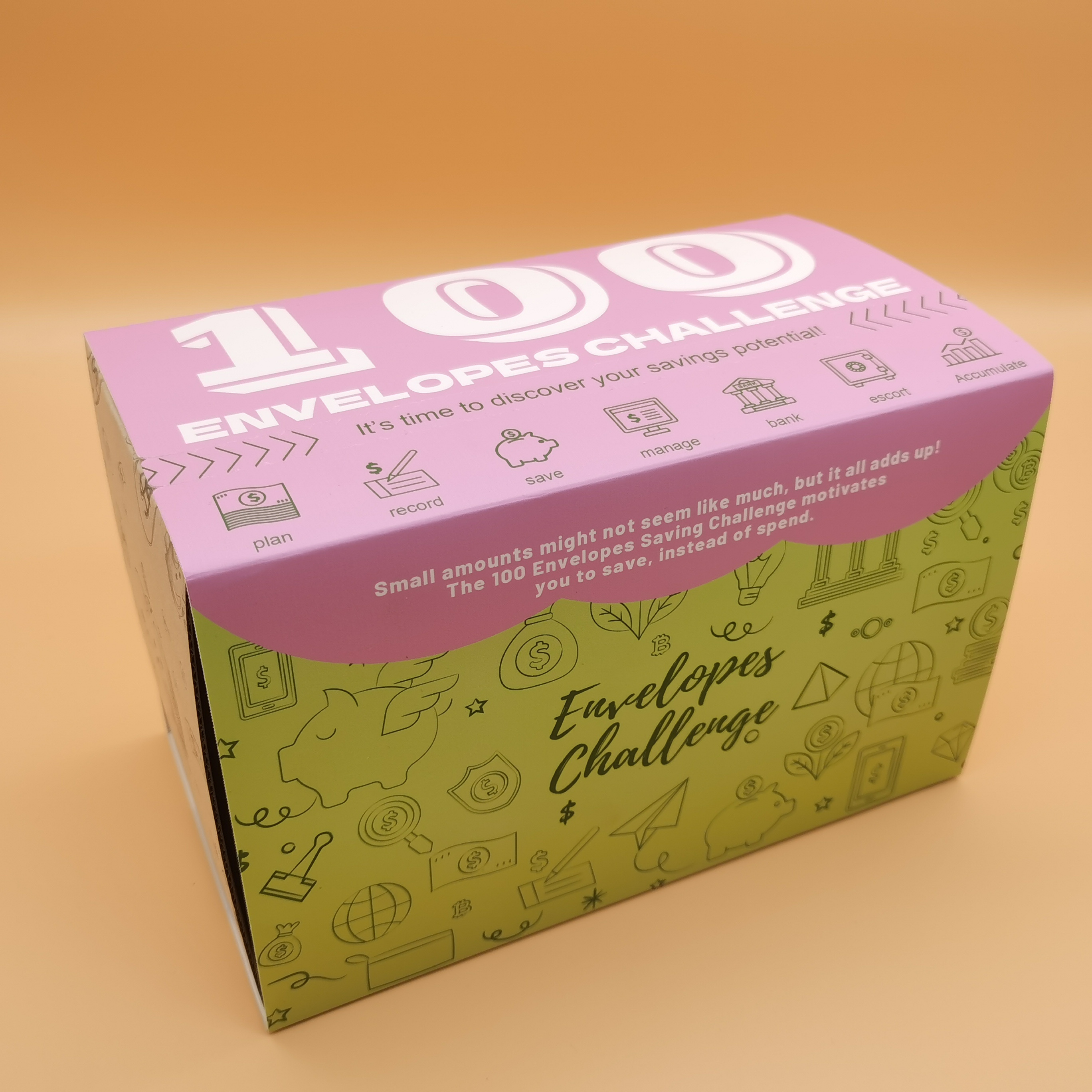  Kit de desafío de ahorro de dinero de 100 sobres, 100 sobres, 9  colores, 1 caja de almacenamiento, 1 planificador, 1 etiqueta, sobres de  papel, ahorro de desafío, ahorra 5050 dólares