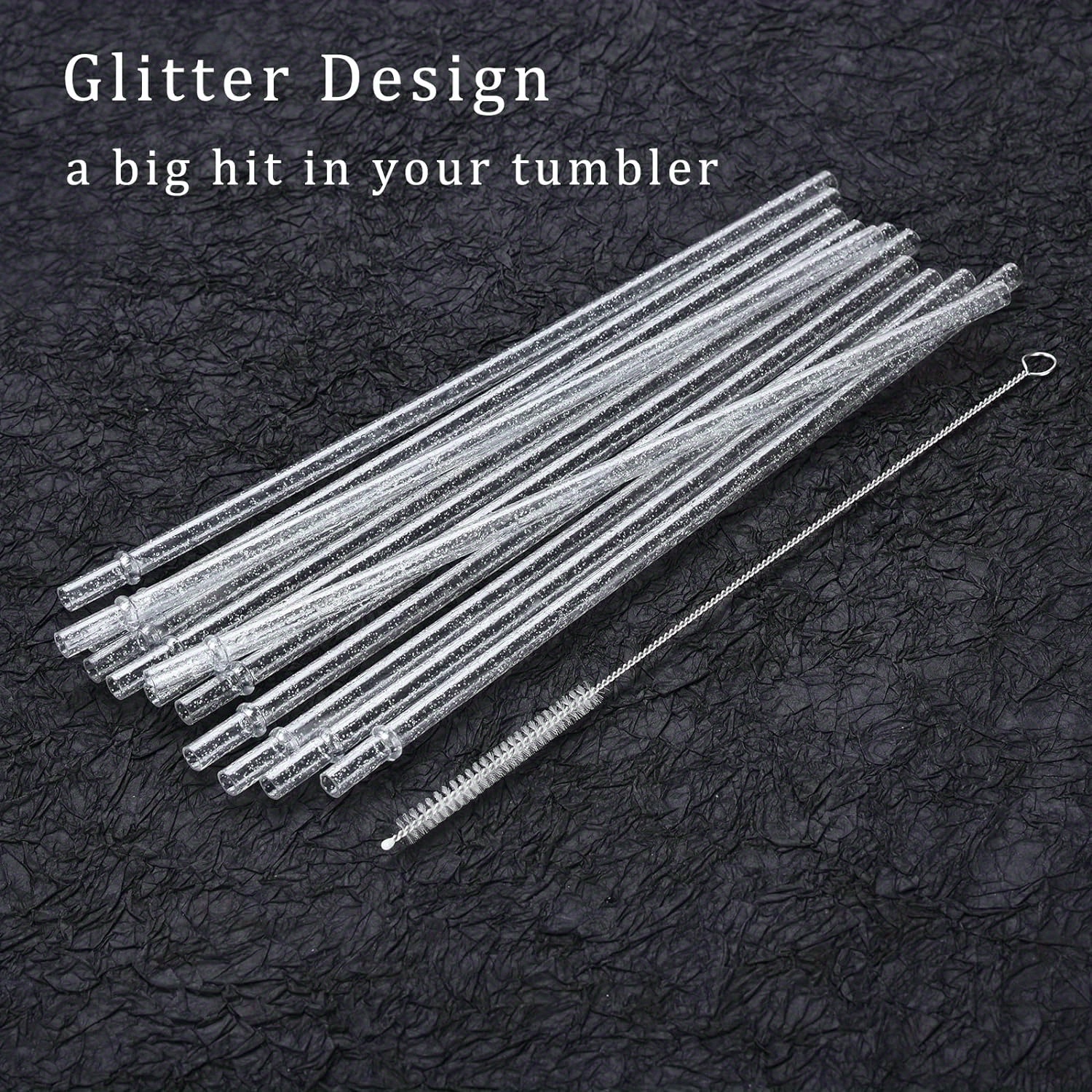 Reusable Clear Plastic Glitter Straws With Brush, Long Hard