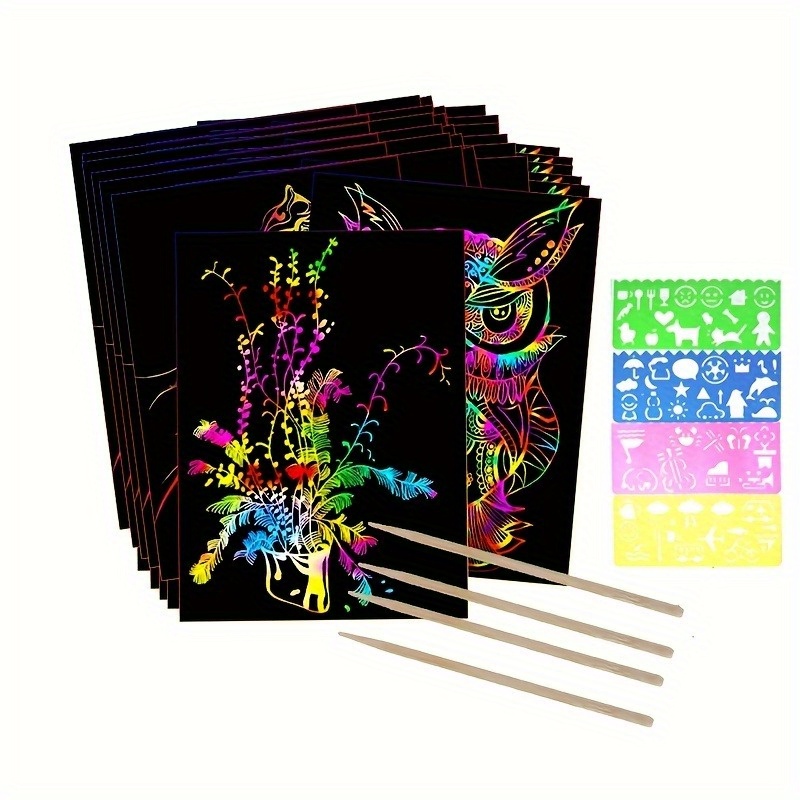 Scratch Art Painting Kits for Adults & Kids, Rainbow Painting Sketch Night View Scratchboard(A4), Crafts Set: 8 Sheets Scratch Cards with 6 Tools in
