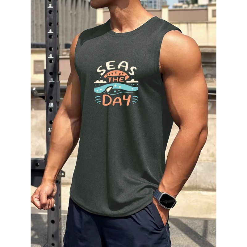 

Seas The Day Print Men's Trendy Sleeveless Tank Tops, Comfy Casual Breathable Tops For Men's Fitness Training, Jogging, Outdoor Activities