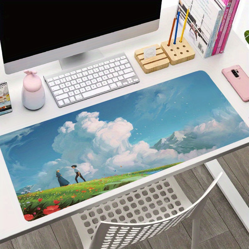 

1pc Anime Couple Blue Mouse Pad With White Cloud Design Non-slip Desk Mat With Stitched Edge Laptop Computer Keyboard Mouse Pad Gift For Teen/boyfriend/girlfriend