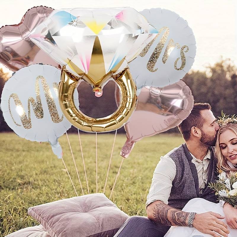 

5pcs, Diamond Ring Foil Balloon Set, Engagement Decor, Wedding Decor, Bachelor Party Decor, Party Photo Props, Atmosphere Background Layout, Marriage Room Decoration