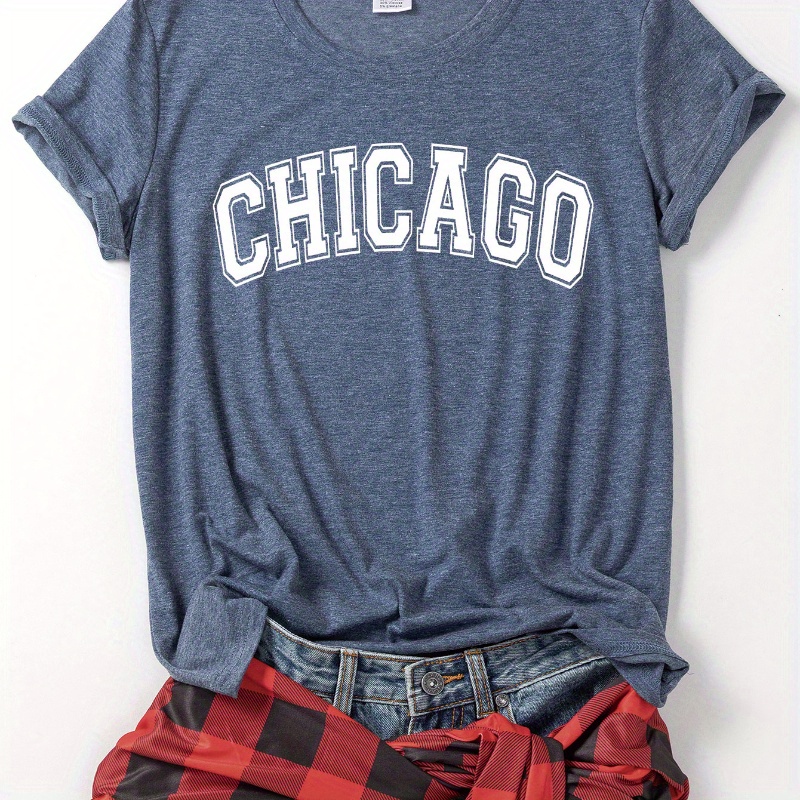 

Chicago Print T-shirt, Short Sleeve Crew Neck Casual Top For Summer & Spring, Women's Clothing